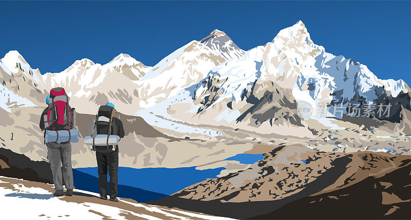 从Kala Patthar峰看到尼泊尔一侧的珠穆朗玛峰和努普子，还有两名背着大背包的游客